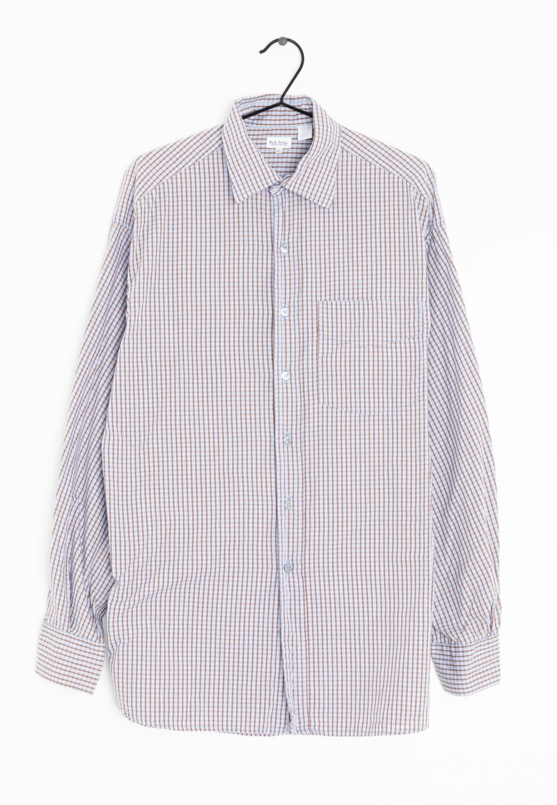 Camicia a maniche lunghe a quadri in azzurro chiaro e bordeaux, con colletto a bottoni e una tasca sul petto, realizzata in tessuto lavorato.