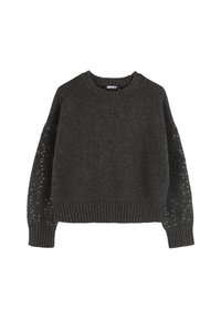 Donkergrijze gebreide trui met een ronde halslijn, geribbelde zoom en decoratieve paillettenaccenten op de mouwen. DKNY-logo gestikt op de voorkant.