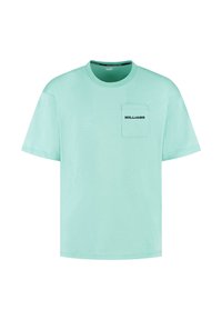 Jasno miętowa bawełniana koszulka z okrągłym dekoltem, krótkimi rękawami i kieszenią na lewej piersi z napisem "WILLIAMS" w kolorze czarnym.