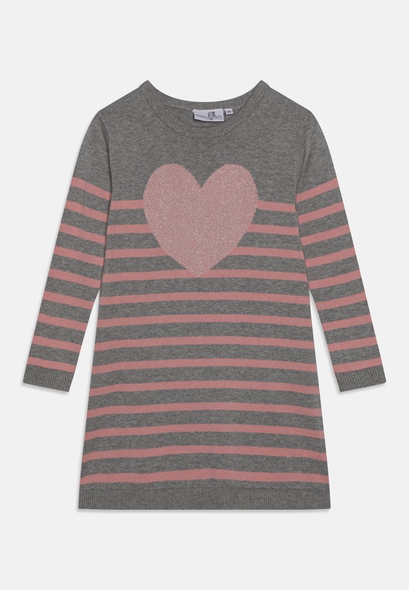 Robe en tricot grise à manches longues, avec des rayures roses horizontales et un motif de cœur rose pailleté sur le devant. Encolure ronde.
