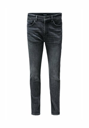 Jeans slim-fit grigio scuro con bottone anteriore, zip e cinque tasche, esposti su uno sfondo bianco.