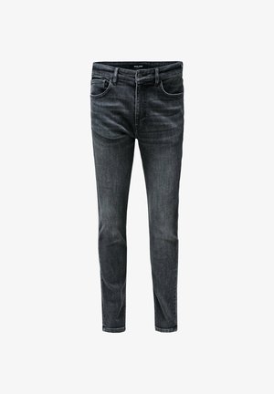 Jeans slim-fit grigio scuro con bottone anteriore, zip e cinque tasche, esposti su uno sfondo bianco.