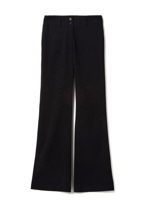 Zwarte uitlopende broek gemaakt van zacht materiaal, voorzien van een knoopsluiting aan de voorkant en kleine strassteentjes die in verticale lijnen zijn gerangschikt voor een subtiele schittering.