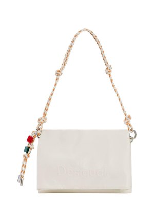 Small white rectangular handbag with braided orange-and-white strap, decorated with red and green beads on left side.