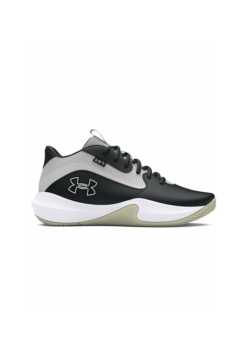 Zapatilla deportiva en negro y gris con parte superior de malla, ribete acolchado y suela media blanca. Presenta texturas sutiles y una suela de goma con patrón.