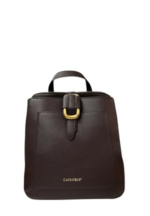 Zaino in pelle marrone con finitura testurizzata, dettaglio della fibbia color oro e manico superiore. Presenta una tasca frontale e un logo impresso.