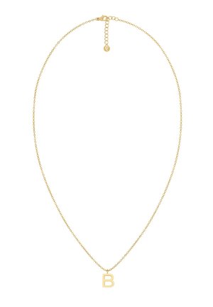 Goudkleurige ketting met een fijne schakel en een hanger in de vorm van een hoofdletter "B", met een gladde oppervlakte en een sluiting met een verlengkettinkje.