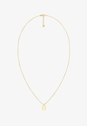Zlatá retiazka s jemným reťazcom, na ktorej sa nachádza prívesok vo forme veľkého písmena "B", hladký povrch a zapínanie s predlžovacím reťazcom.