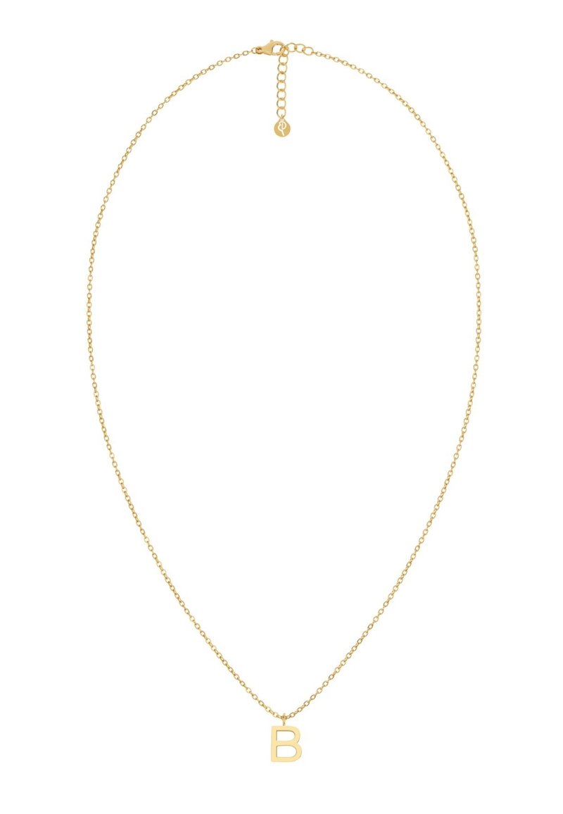 Zelta tonis kaklarota ar smalku ķēdi, kurai ir kapitālais burts "B" piekariņš, gluda virsma un aizdare ar pagarinājuma ķēdi.
