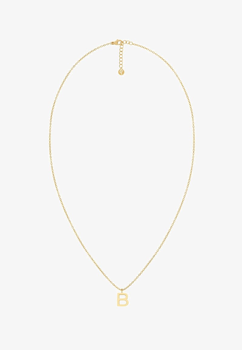 Zelta tonis kaklarota ar smalku ķēdi, kurai ir kapitālais burts "B" piekariņš, gluda virsma un aizdare ar pagarinājuma ķēdi.