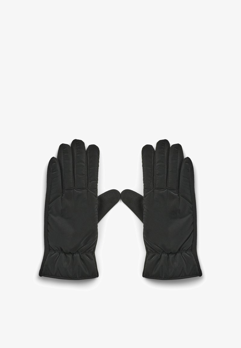Gants isolés noirs avec une texture lisse et brillante et des poignets élastiqués. Conception à cinq doigts, adaptée à une utilisation par temps froid.