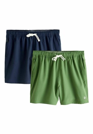 Zwei Badehosen: eine in Marineblau und eine in Grün, beide mit elastischen Taillenbünden mit Kordelzug und Seitentaschen.