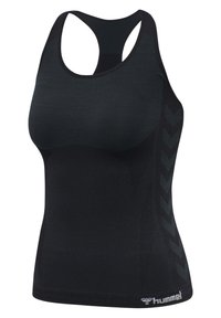 Schwarzes Sport-Top mit Racerback-Design. Es verfügt über strukturierten Stoff und ein Hummel-Logo am Saum. Enthält ein Chevron-Muster an der Seite.