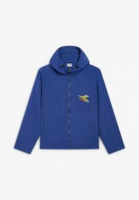 Giacca blu con un grande cappuccio, chiusura frontale con zip, due tasche applicate e un design ricamato che raffigura una lucertola sul pannello sinistro del petto.