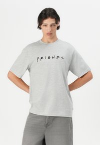 Grå bomulds T-shirt med korte ærmer, der har ordet "FRIENDS" i sort, understreget af farverige prikker. Casual pasform.