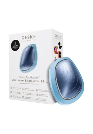 SmartAppGuided Sonic Warm & Cool Mask 9-i-1 med blåt buet ansigtsapparat og hvid emballage, der fremhæver teknologiske fordele og priser.