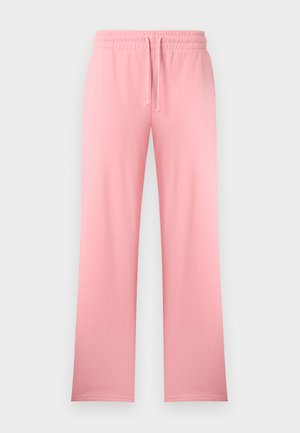 Růžové tepláky s rovnými nohavicemi, elastickým pasem a šňůrkou, vyrobené z měkké látky pro každodenní nošení.