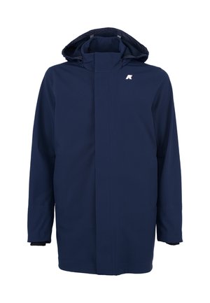 Giacca impermeabile blu navy con cappuccio, dal tessuto liscio, maniche lunghe e un design minimalista che presenta un piccolo logo sul petto.