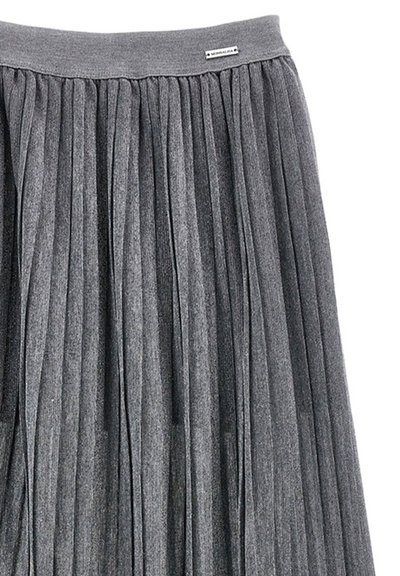 Gonna grigia plissettata con una vita larga e un piccolo etichetta del marchio sul lato superiore destro della vita.