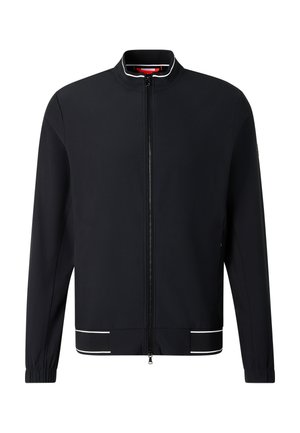 Schwarze Jacke mit durchgehendem Reißverschluss, Stehkragen, elastischen Bündchen und weißen Verzierungen am Kragen und Saum.