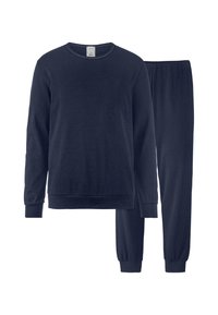 Navy-blaues Baumwoll-Pyjama-Set mit langärmeligem Oberteil und elastischen Hosen, mit gerippten Manschetten und Rundhalsausschnitt. Weicher Stoff, ohne Muster.