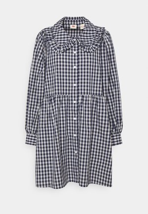 Langärmeliges Kleid mit marineblau-weiß kariertem Muster, Knopfleiste vorne, gerafftem Kragen, tailliert und mit Manschettenärmeln.