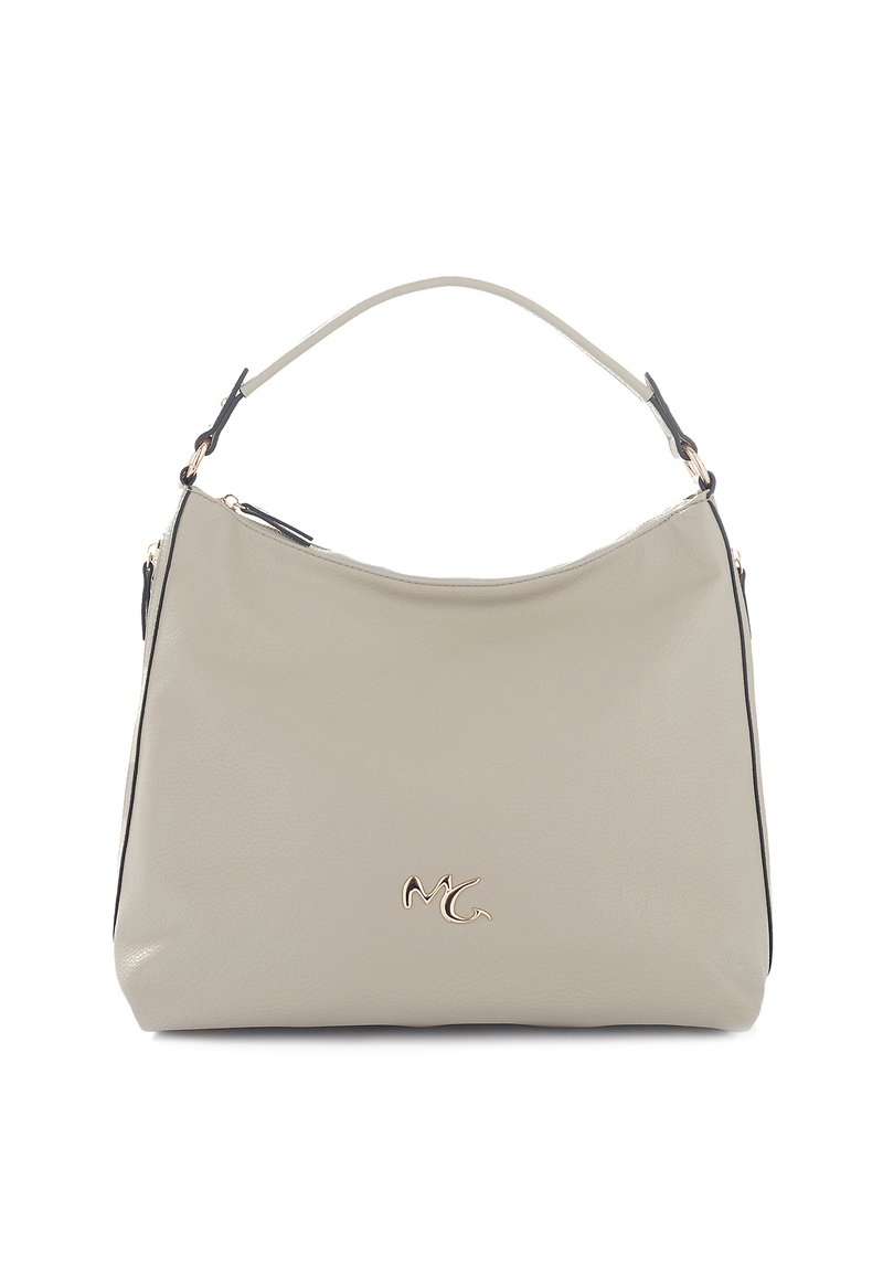 Borsa a tracolla in pelle grigio chiaro con forma curva, dotata di accenti neri, un logo dorato e chiusura a zip superiore. Texture liscia, manico singolo.