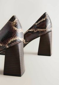 Pari di décolleté con punta a punta e tacco bloccato, con motivo in pelle di serpente marrone scuro e beige e tacchi in legno spesso su sfondo bianco.
