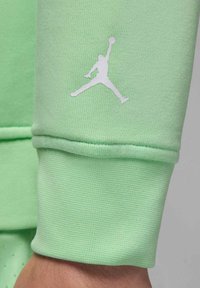 Tessuto felpato verde chiaro con polsini a costine, caratterizzato da un logo Jumpman bianco. Texture liscia, vestibilità comoda e design semplice.