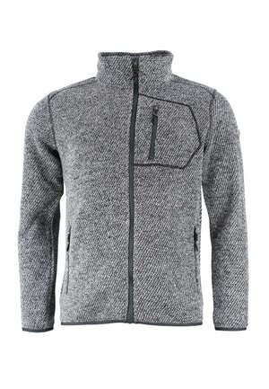 Chaqueta de forro polar gris con textura, cremallera completa, cuello alto, bolsillo con cremallera en el pecho izquierdo y dos bolsillos laterales con cremallera.
