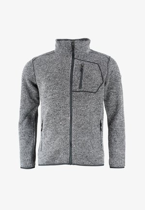 Giacca in pile grigia texturizzata con chiusura a zip completa, collo alto, tasca sul petto con zip a sinistra e due tasche laterali con zip.