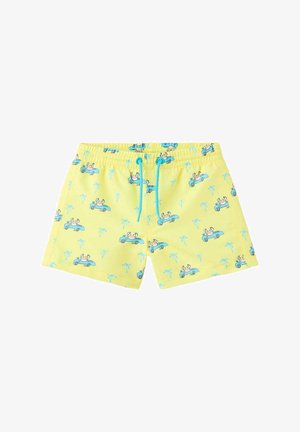 Žlté detské plavkové šortky s modrým sťahovacím šnúrkou, s motívom krabov jazdiacich v modrých autách a malých modrých palmách.
