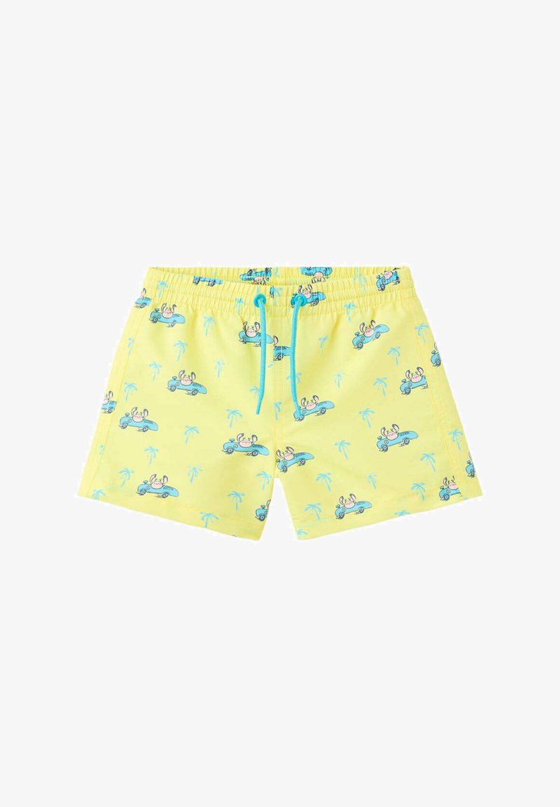 Shorts de bain jaunes pour enfants avec cordon bleu, présentant un motif de crabes conduisant des voitures bleues et de petits palmiers bleus.