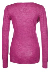 Magenta long-sleeve knit sweater with a crew neck, soft texture, and a slightly longer back hem. Lightweight and fitted silhouette.