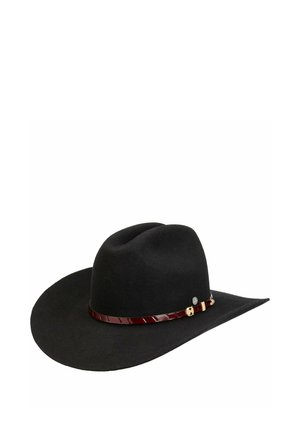 Schwarzer Filz-Cowboyhut mit breiter Krempe und dunkelbraunem Lederband, das eine kleine goldene Schnalle und ein rundes Metallemblem aufweist.