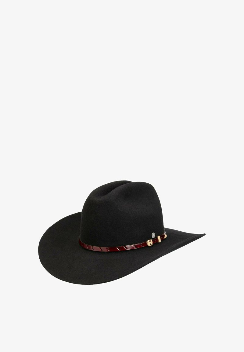 Black felt cowboy hat with wide brim and dark brown leather band featuring small gold buckle and round metal emblem.