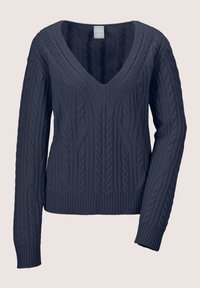 Dunkelblauer Zopfmusterpullover mit V-Ausschnitt, langen Ärmeln, gerippten Bündchen und Saum sowie einem strukturierten geflochtenen Muster.