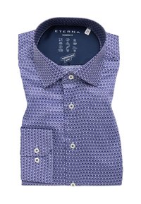 Blauw gestreept shirt met moderne pasvorm. Bevat een uitgebreide kraag, knoopsluiting en een zachte textuur. Het patroon bestaat uit herhaalde druppelvormige figuren.