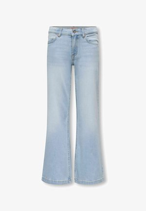 Lyseblå denimjeans med vide ben, frontlommer, beltehemper og knappelukking i livet.