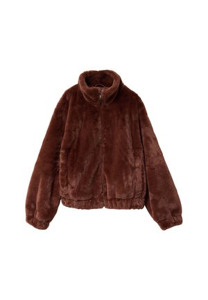 Veste en fausse fourrure marron avec fermeture éclair à l'avant, col haut et ourlet élastique. Présente des manches longues et un tissu doux et texturé.