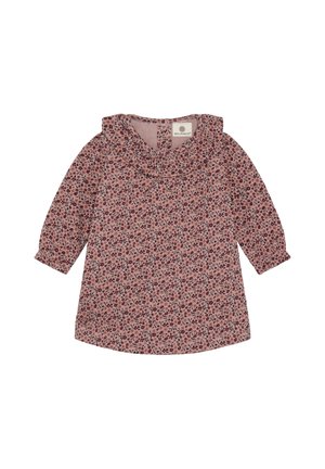 Long-sleeve baby dress in pink with small floral print and ruffled collar, made of soft fabric from brand En Fant.