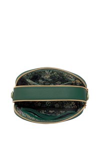 Grüne Ledertasche mit goldenem Reißverschluss, ausgestattet mit einem blumengemusterten Innenraum. Enthält mehrere Fächer zur Organisation.