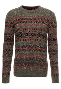 Strickpullover in olivgrün mit kunstvollen Mustern in Schwarz und Rot, Rundhalsausschnitt, langen Ärmeln und strukturiertem Stoff.