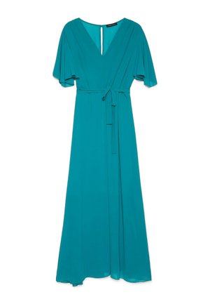Abito a portafoglio color teal con scollo a V, maniche volant, cintura in vita e gonna fluente alla caviglia.