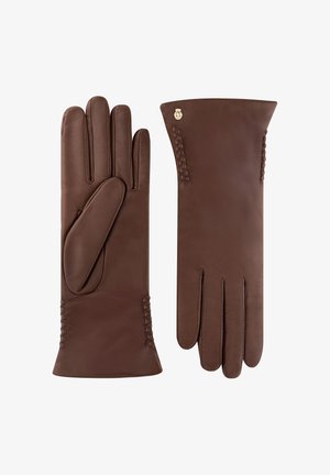 Ein Paar braune Lederhandschuhe mit dekorativer Stickerei und einem kleinen goldenen Emblem am Handgelenk, gezeigt mit der Handfläche und der Rückseite.