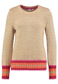 Beige stickad tröja med rund hals, med livfulla rosa, orangea och bruna randiga muddar och nederkant. Mjuk textur, avslappnad design.