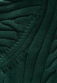 Jersey de lana verde oscuro con punto trenzado, que presenta patrones trenzados intrincados, costuras texturizadas y detalles acanalados a lo largo de los bordes.