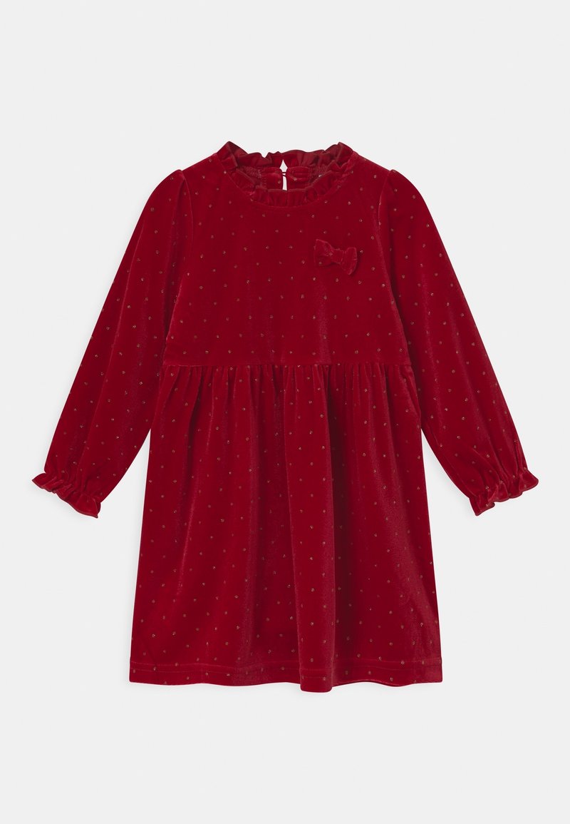 Robe longue en velours rouge à manches longues avec petits pois, col et poignets à volants, taille froncée et détail nœud sur la poitrine.