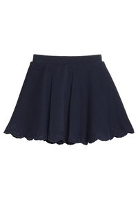Námořnická modrá plisovaná sukně s výstřihy a vyšívanými oky. Vyrobena z jemné tkaniny, má přiléhavý pás.