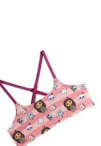 Lichtroze bralette met een gestreept patroon van cartoonfiguren en dieren. Verstelbare magentakleurige bandjes; zachte, rekbare stof.
